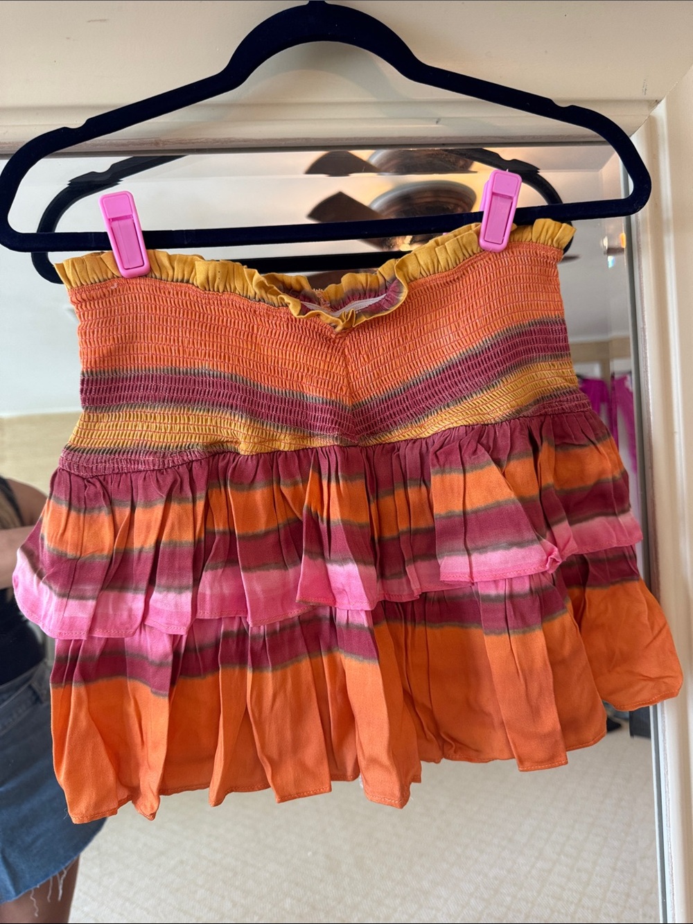Chaser Smocked Tiered Mini Skirt in Orange & Pink